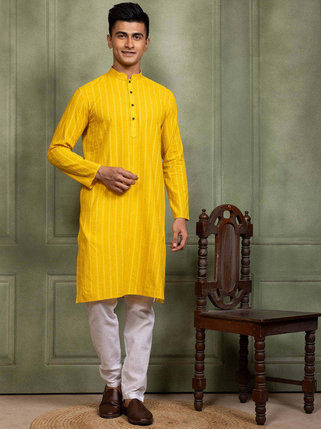 [RM] Men's Yellow Ajrakh Printed Pure Cotton Kurta Set
