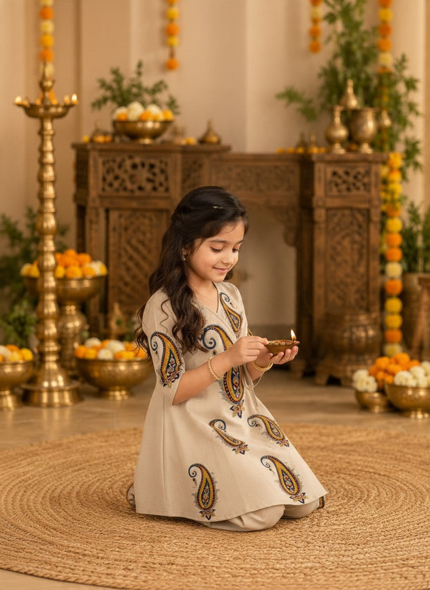 Girls' Beige Cotton Kurti with Tulip pant Set – Printed