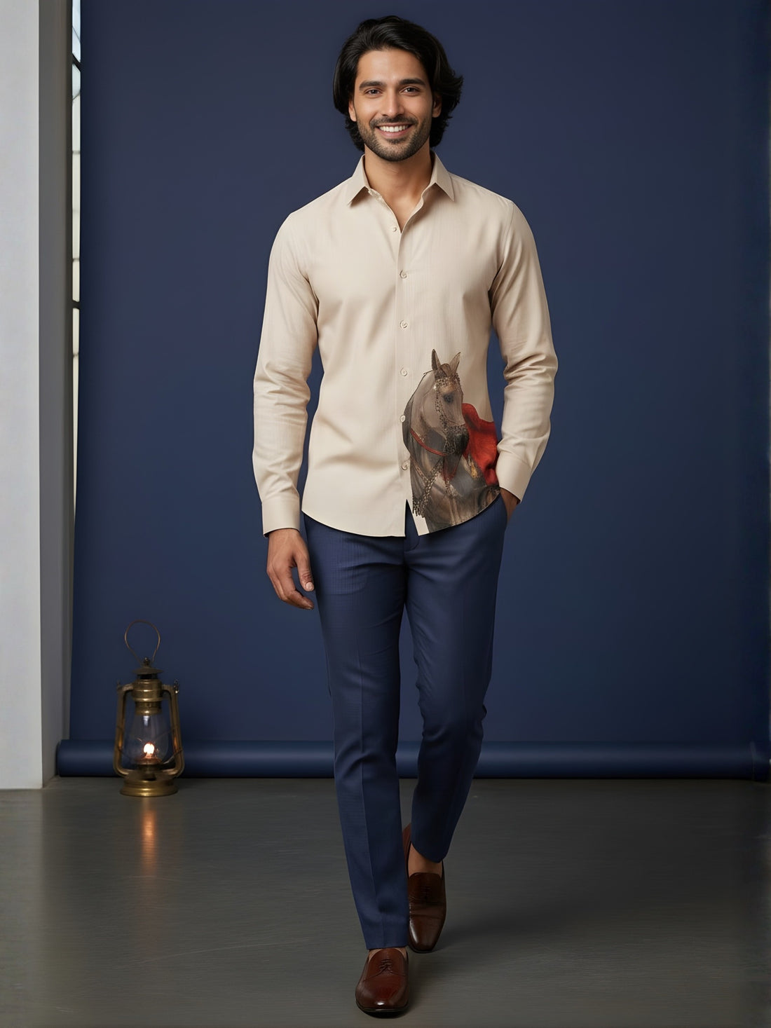 [DS-MGSP] Men's Beige Ethnic Printed Cotton Shirt
