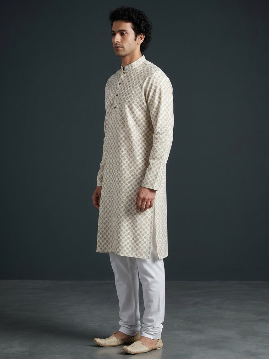 [PR] Men's Off White Ethnic Motif Cotton Kurta Set