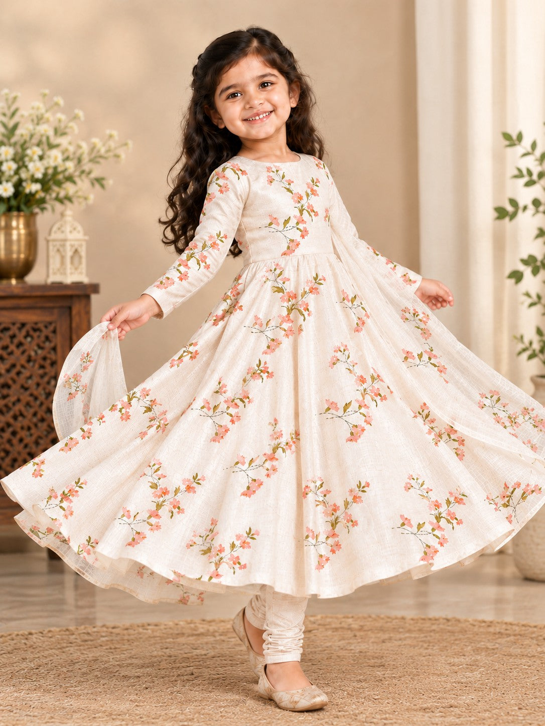 Girls' Off-White Art Silk Kurti and Churidar Pant Set – Printed