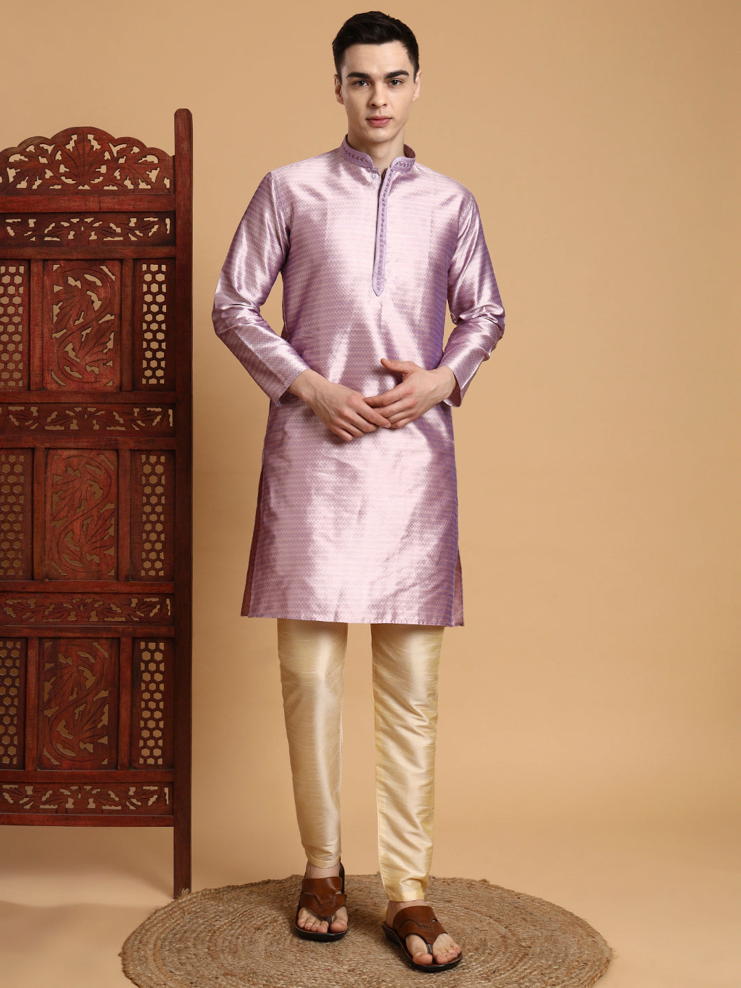 [J] Men's Lavender Self Design Embroidered Jacquard Kurta Set