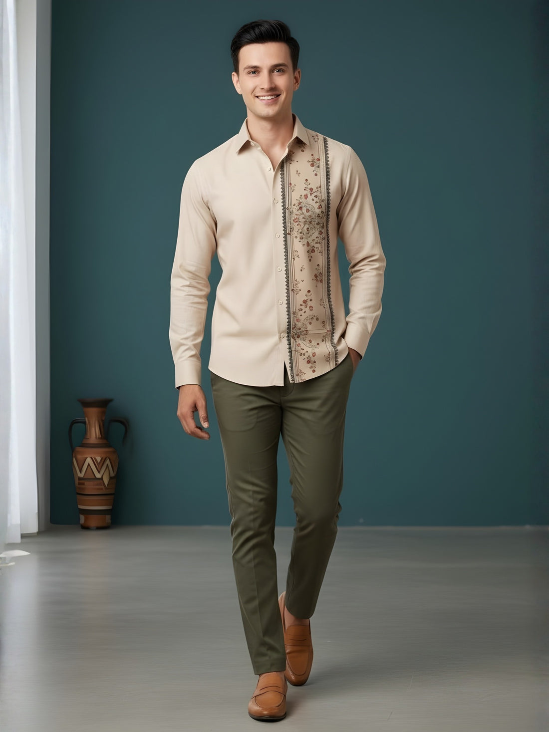 [DS-MGSP] Men's Beige Ethnic Printed Cotton Shirt