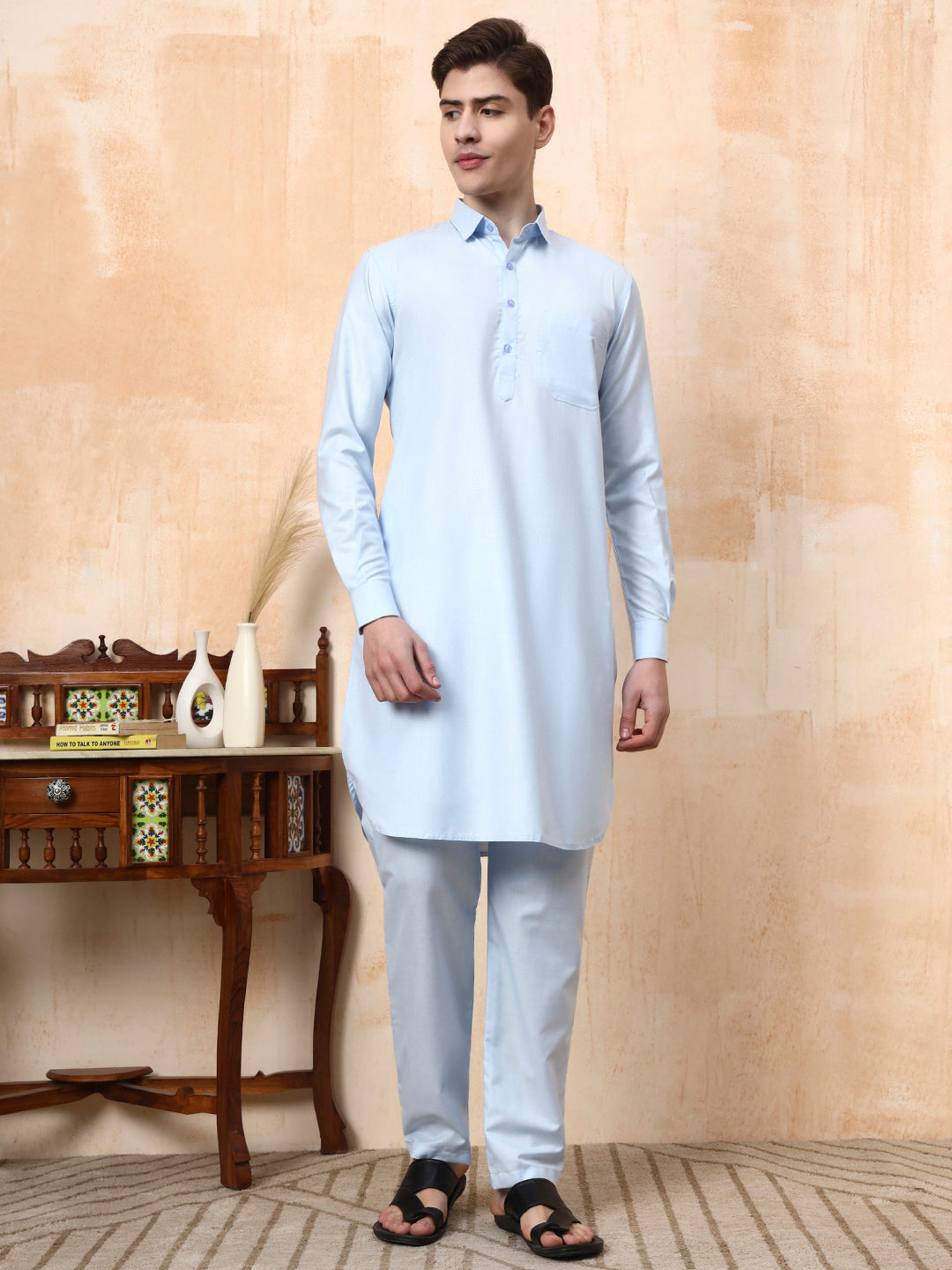 [MGPT] Men's Sky Blue Pathani Cotton Kurta Set
