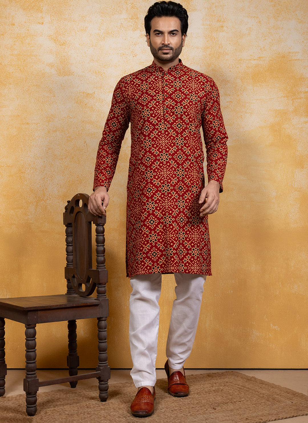 [RM] Men's Red Ajrakh Printed Pure Cotton Kurta Set