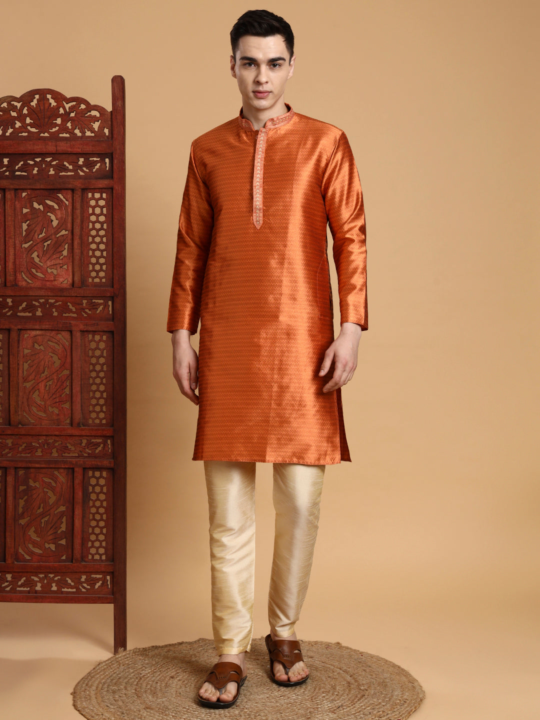 [J] Men's Copper Self Design Embroidered Jacquard Kurta Set