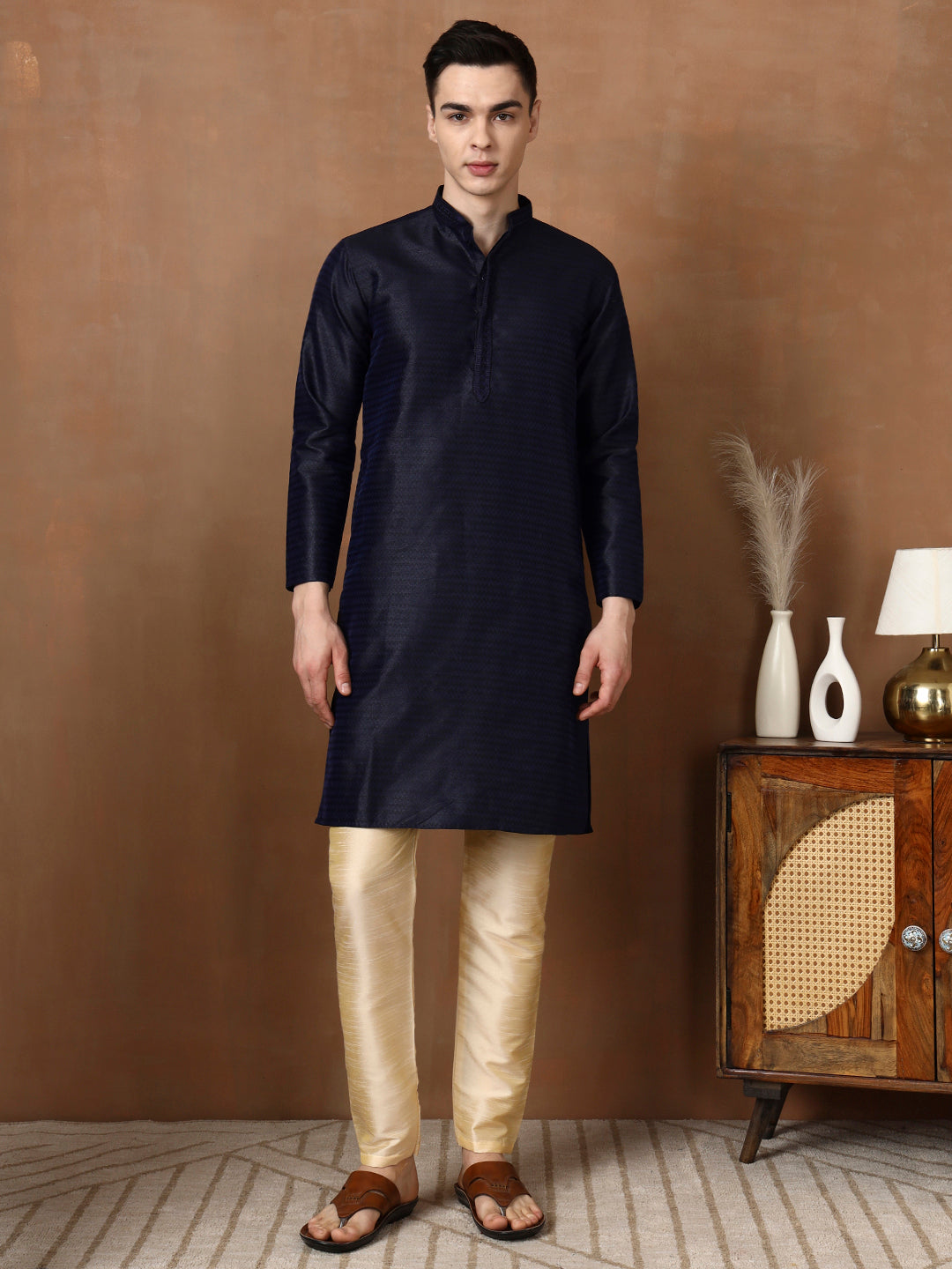 [J] Men's Navy Blue Self Design Embroidered Jacquard Kurta Set