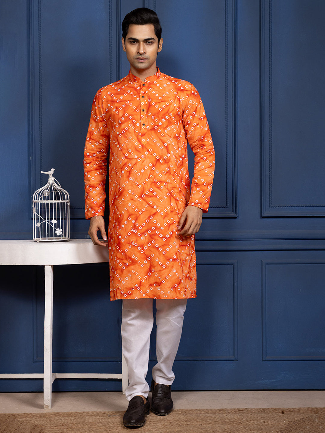 [RM] Men's Orange Bandhani Printed Pure Cotton Kurta Set