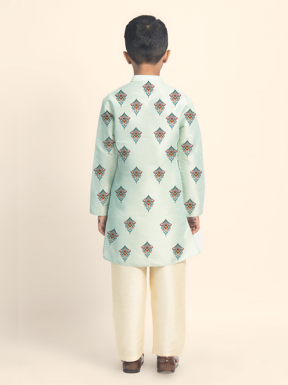 Boys Green Printed Kurta with Beige Pyjama Set
