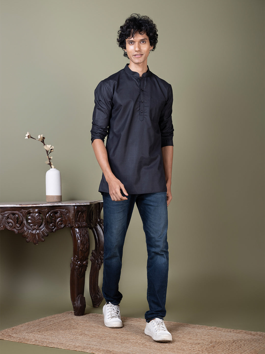 [MGS] Men's Black Solid Cotton Short Kurta