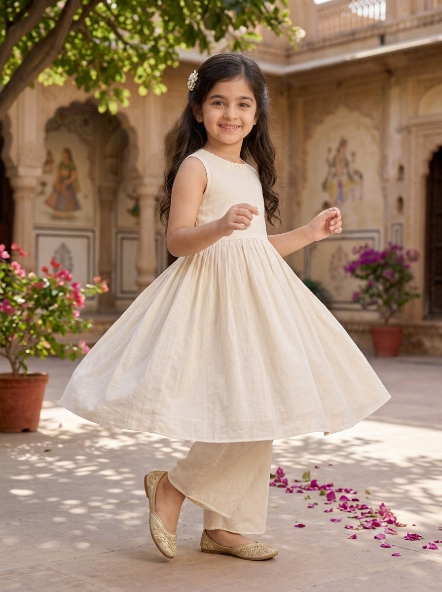 Girls' Off-White Art Silk Kurti Palazzo Set – Solid