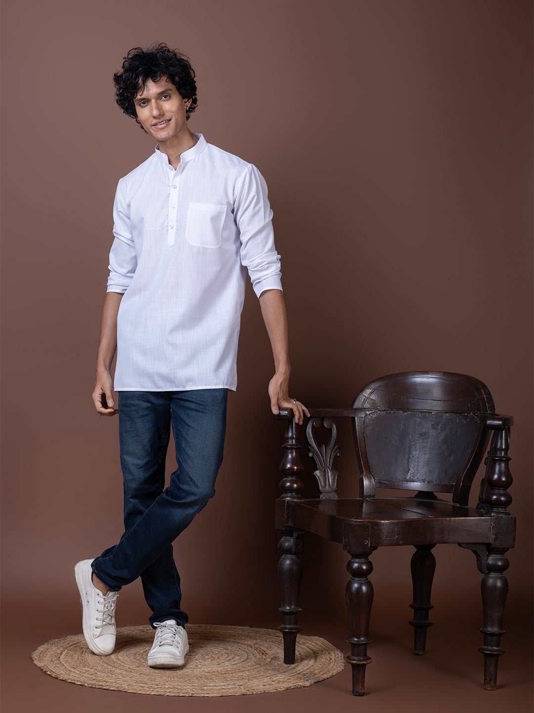 [MGS] Men's White Solid Cotton Short Kurta
