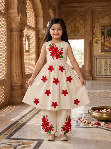 Girls' Off-White Art Silk Kurti Palazzo Set – Printed