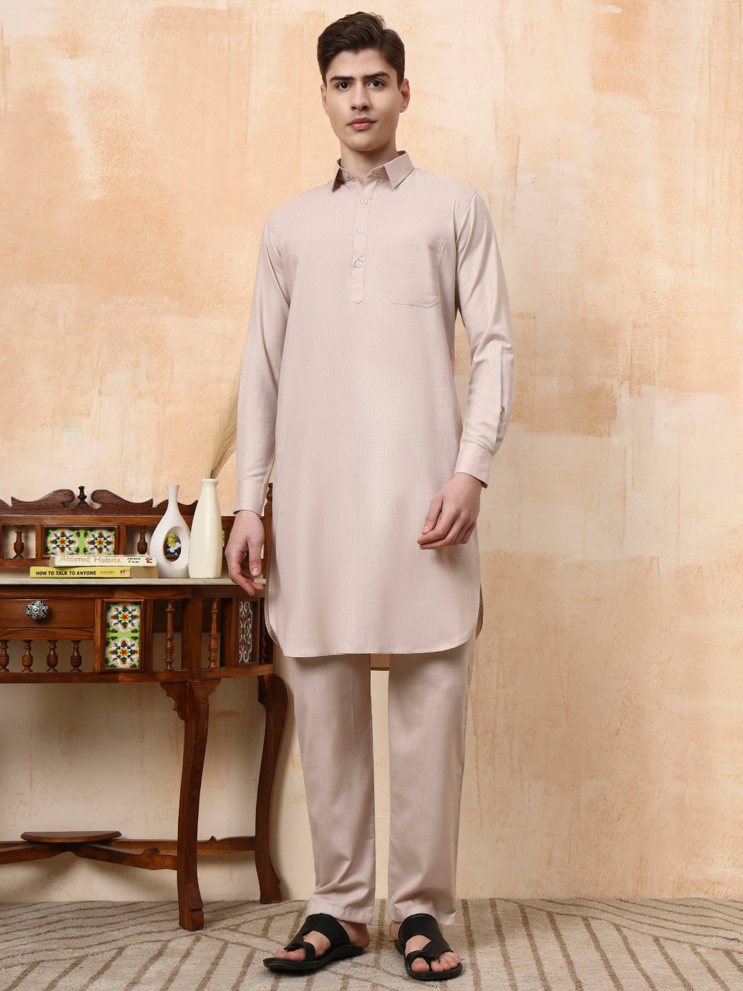 [MGPT] Men's Dark Beige Pathani Cotton Kurta Set