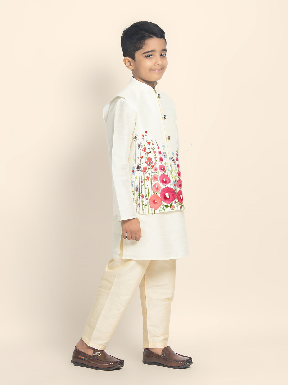 Boys White Printed Kurta & Pyjama Set With Nehru Jacket