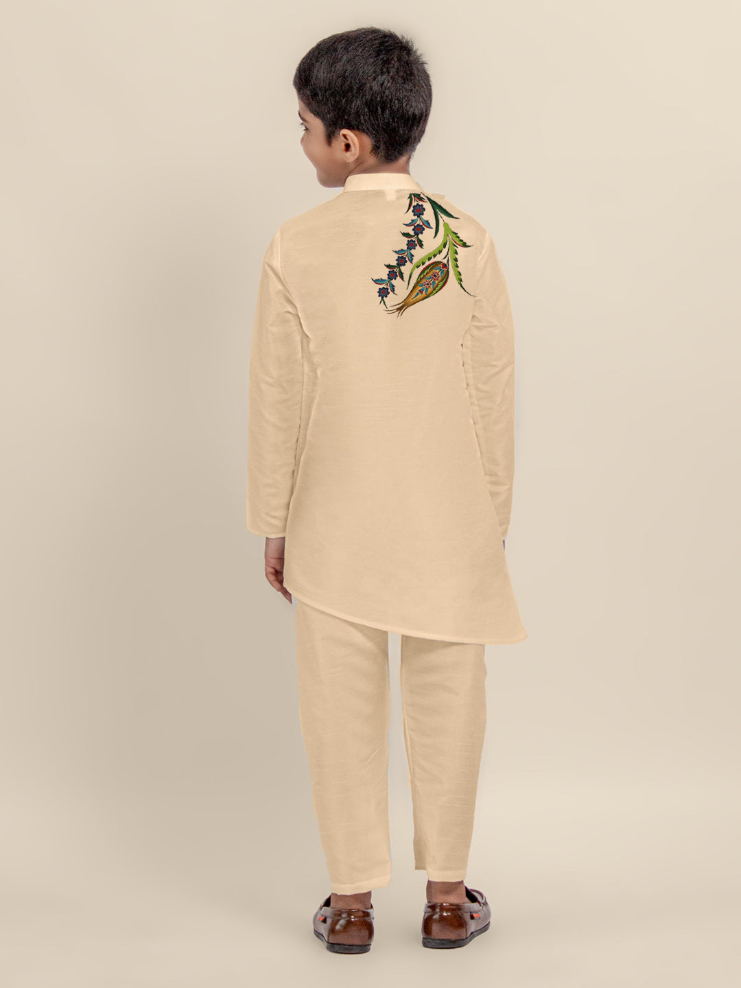 Boys Beige Printed Dupion Silk Kurta Set