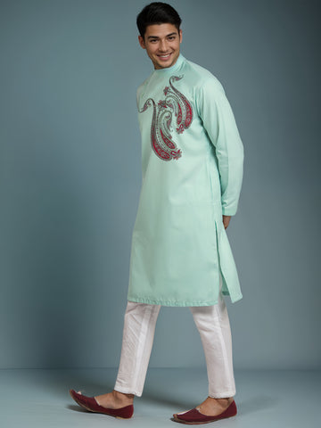 Mens Green Side Placket Printed Kurta With Pyjama Set