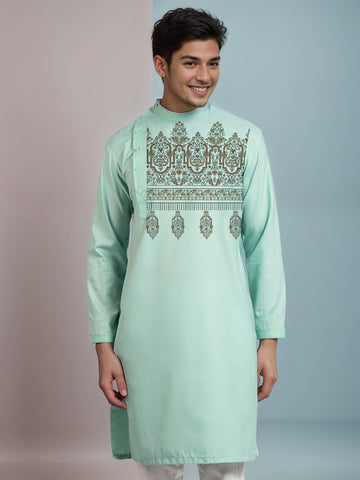 Mens Green Side Placket Printed Kurta With Pyjama Set