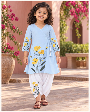 Girls' Sky Blue Cotton Kurti with Tulip pant Set – Printed