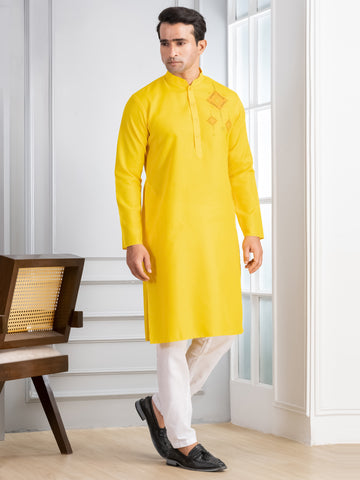 [CCSP] Men's Yellow Ethnic Print Cotton Kurta Set
