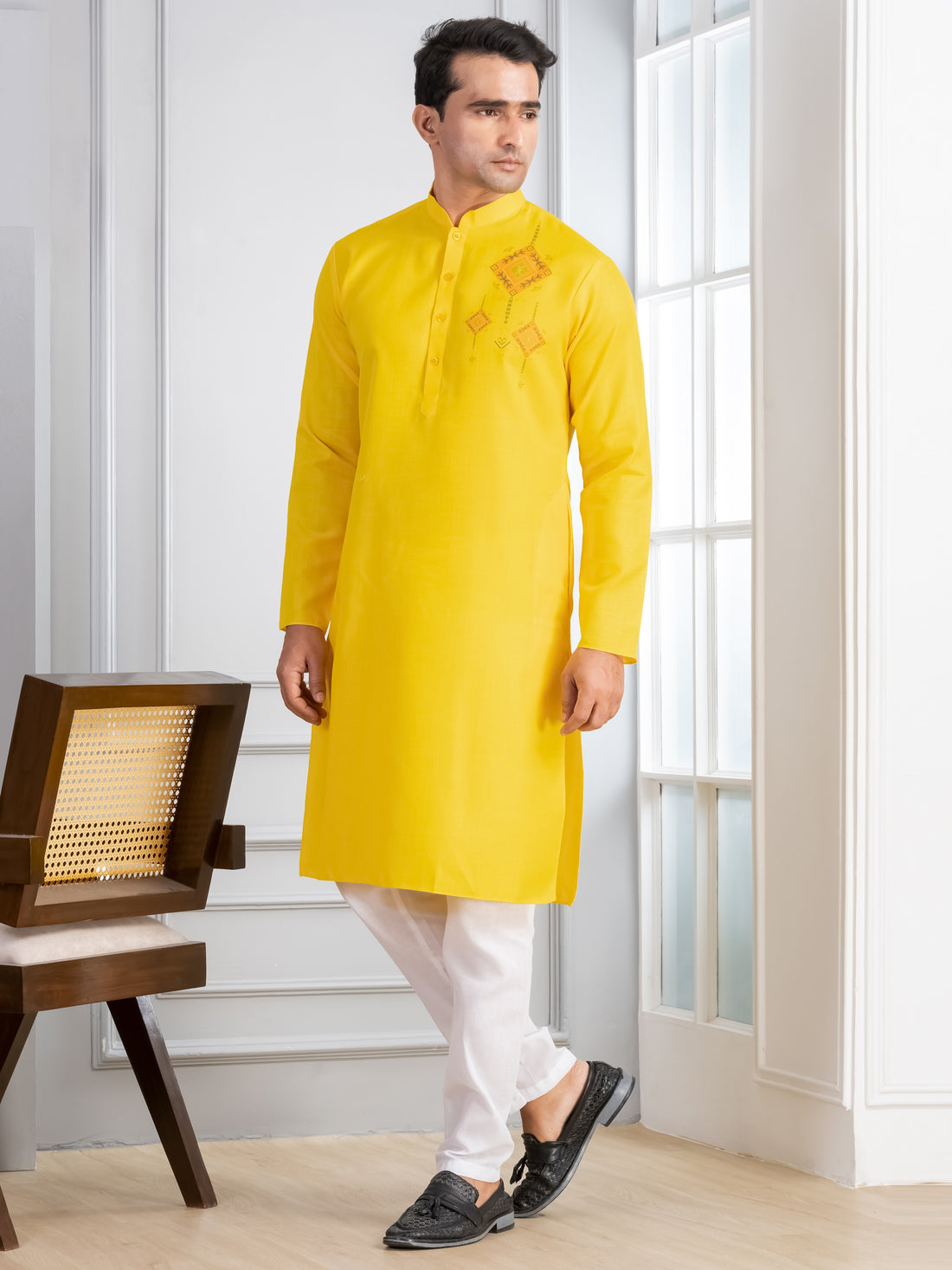 [CCSP] Men's Yellow Ethnic Print Cotton Kurta Set