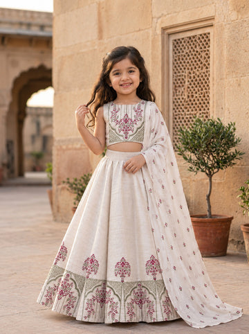 Girls' Off-White Art Silk Lehenga Set – Printed