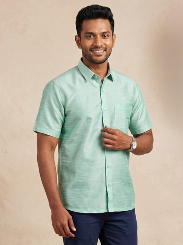 [DS-DP] Men's Green Solid Textured Art Silk Shirt