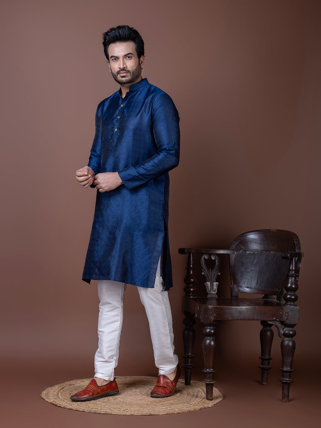 [BH] Men's Navy Blue Self Design Jacquard Kurta Set