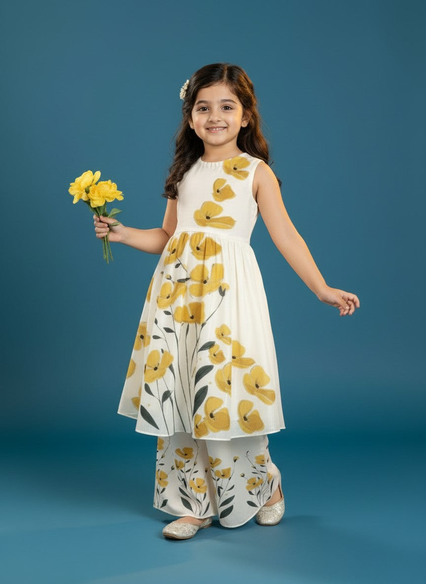Girls' Off-White Art Silk Kurti Palazzo Set – Printed