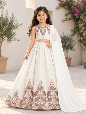 Girls' Off-White Art Silk Lehenga Set – Printed