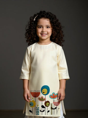 [DGKS-MGSP-RN] Girls Beige Ethnic Motifs Printed Cotton Kurti Set