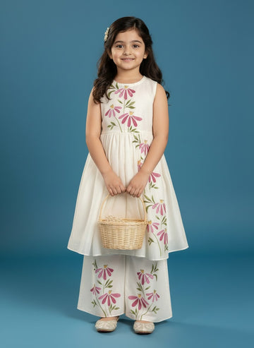 Girls' Off-White Art Silk Kurti Palazzo Set – Printed