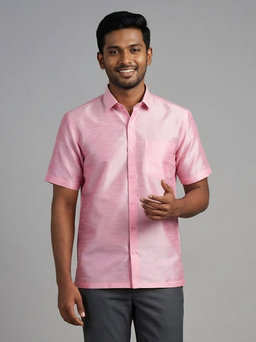 [DS-DP] Men's Pink Solid Textured Art Silk Shirt
