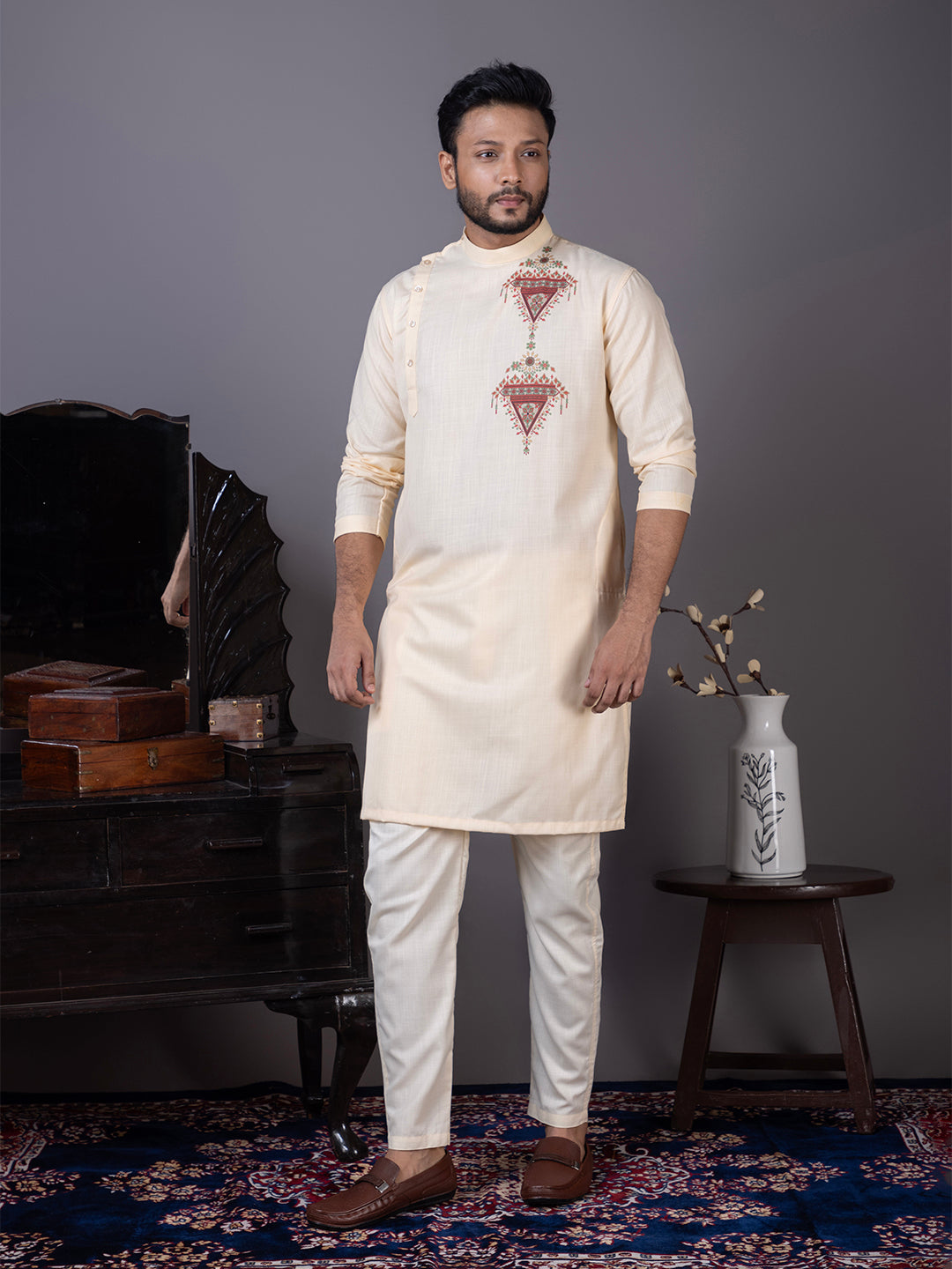[MGSP-B] Men's Beige Ethnic Print Side Placket Cotton Kurta Set