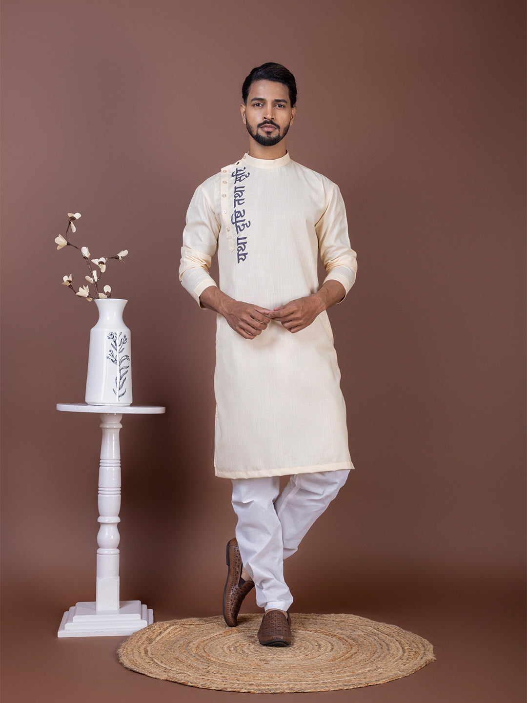 Mens Beige Side Placket Printed Kurta With Pyjama Set