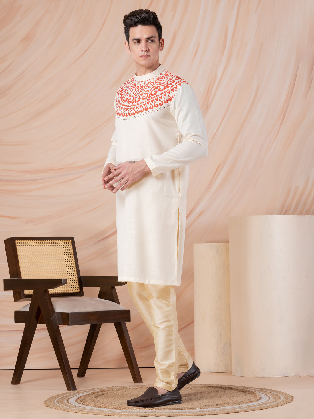 Mens Beige Side Placket Printed Kurta With Pyjama Set