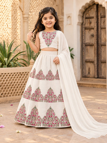Girls' Off-White Art Silk Lehenga Set – Printed