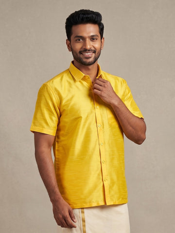 [DS-DP] Men's Mustard Solid Textured Art Silk Shirt