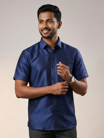 [DS-DP] Men's Blue Solid Textured Art Silk Shirt