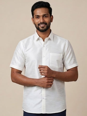 [DS-DP] Men's White Solid Textured Art Silk Shirt