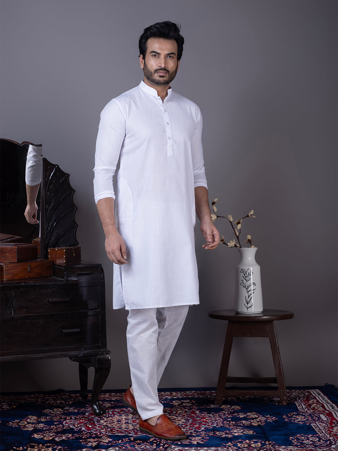 [MG] Men's White Solid Cotton Kurta Set