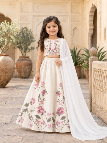 Girls' Off-White Art Silk Lehenga Set – Printed