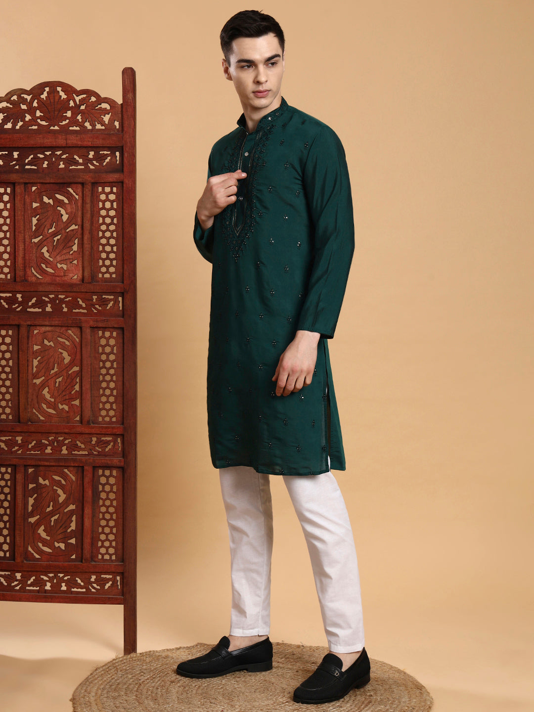 [MDE] Men's Green Mirror & Thread Work Modal Silk Kurta Set