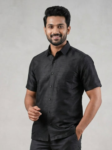 [DS-DP] Men's Black Solid Textured Art Silk Shirt
