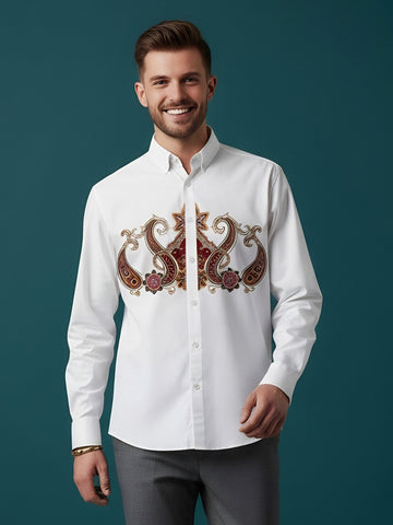 [DS-MGSP] Men's White Ethnic Printed Cotton Shirt