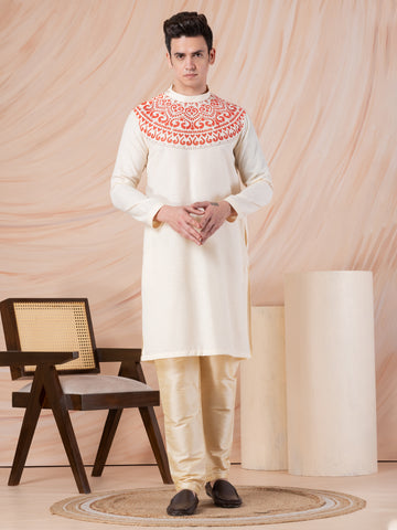 Mens Beige Side Placket Printed Kurta With Pyjama Set