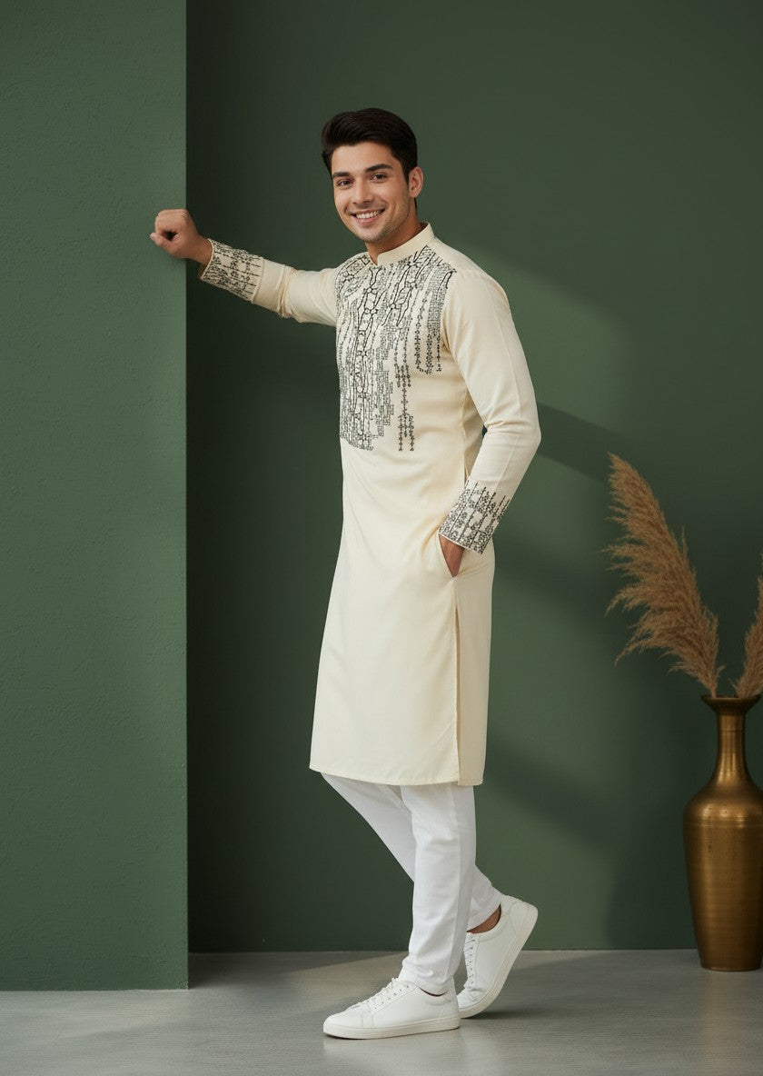 [MGSP-B] Men's Beige Ethnic Print Side Placket Cotton Kurta Set