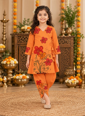 Girls' Orange Cotton Kurti with Tulip pant Set – Printed