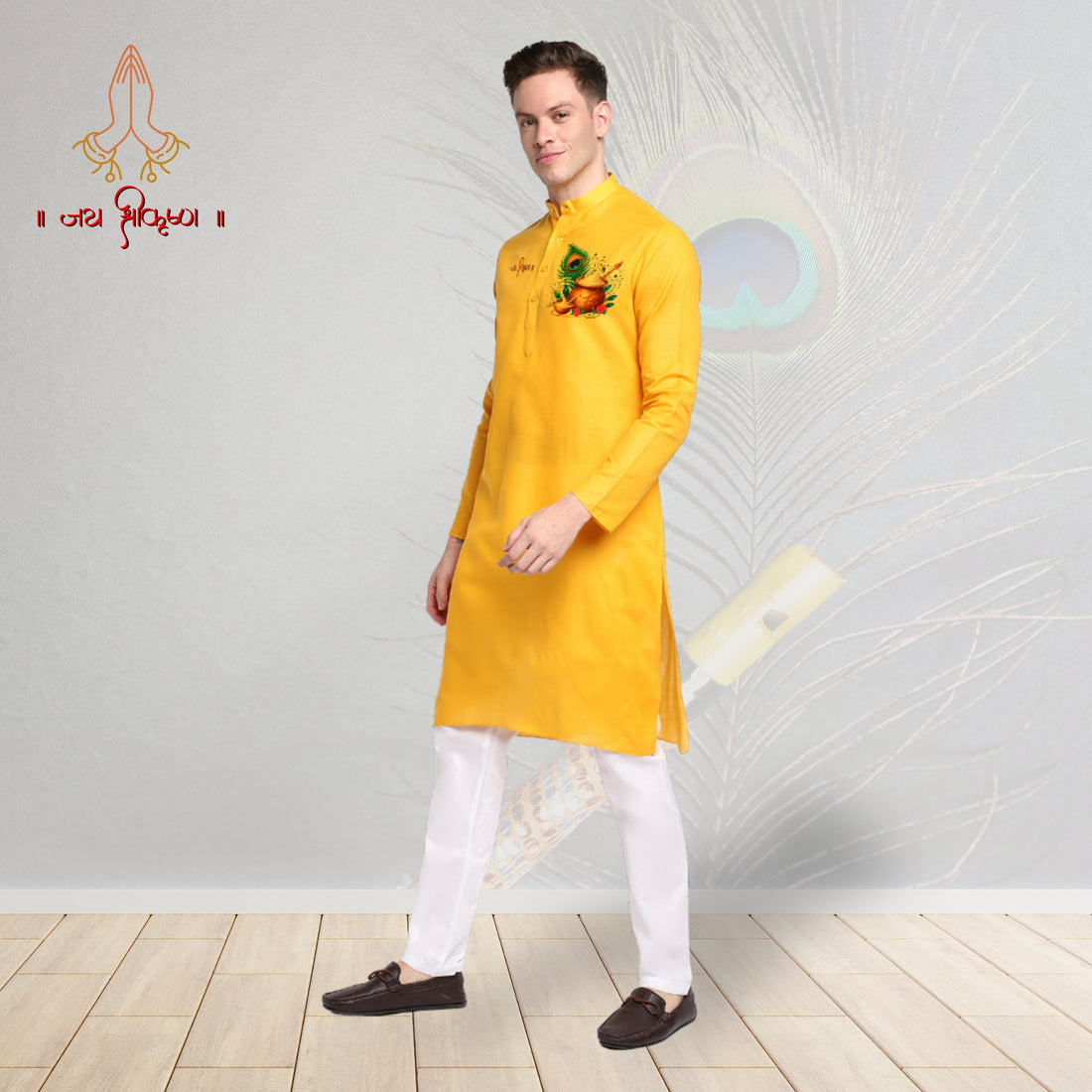 Men's Yellow Cotton Kurta Set – Ethnic Print