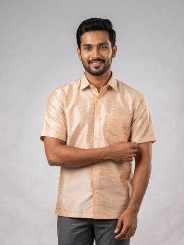 [DS-DP] Men's Beige Solid Textured Art Silk Shirt